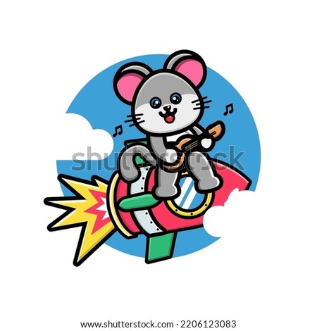 Cute mouse playing guitar on the rocket