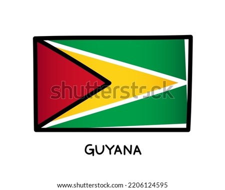 Flag of Guyana. Colorful Guyanese flag logo. Green, white, black, red and yellow hand-drawn brush strokes. Black outline. Vector illustration isolated on white background.