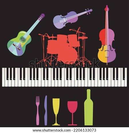 colorful musical instruments with piano and guitar, drums illustration