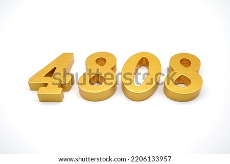  Number 4808 is made of gold-painted teak, 1 centimeter thick, placed on a white background to visualize it in 3D.                               