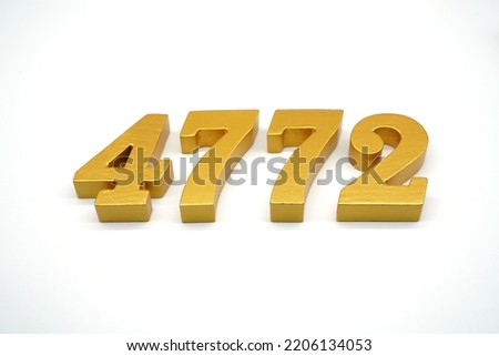    Number 4772 is made of gold-painted teak, 1 centimeter thick, placed on a white background to visualize it in 3D.                               