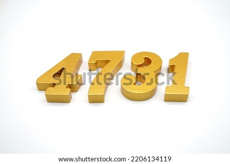    Number 4731 is made of gold-painted teak, 1 centimeter thick, placed on a white background to visualize it in 3D.                                       