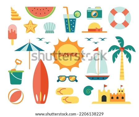 Flat style Summer elements set cartoon illustration Royalty-Free Stock Photo #2206138229