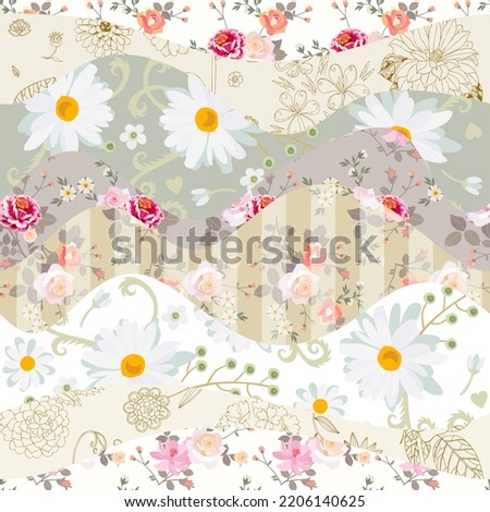 Beautiful seamless patchwork pattern from wavy patches with flowers. Fabric print