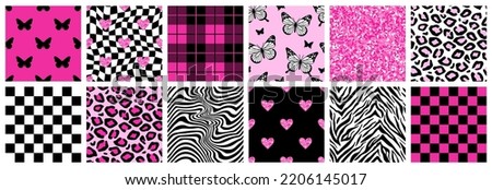 Y2k glamour pink seamless patterns. Backgrounds in trendy emo goth 2000s style. Butterfly, heart, chessboard, mesh, leopard, zebra. 90s, 00s aesthetic. Pink pastel colors. Royalty-Free Stock Photo #2206145017