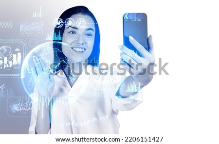 Happy businesswoman making a video call, waving hand. Forex diagrams with analysis chart, earth sphere hologram with lines. Concept of worldwide connection. Copy space