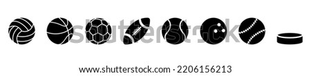 Set of sport balls vector icons. Balls for football, tennis, rugby, volleyball, golf, baseball, basketball, bowling and hockey. Vector black silhouette.