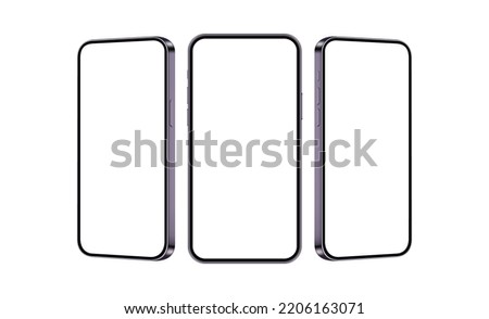 Modern Phones Mockups with Blank Screens, Front and Side View, Isolated on White Background. Vector Illustration