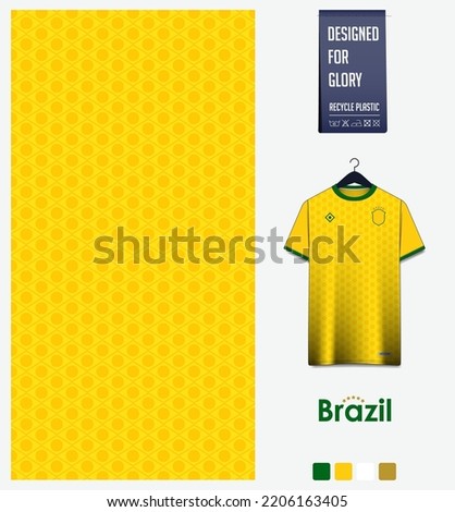 Soccer jersey pattern design. Brazil flag  pattern on yellow background for soccer kit, football kit, bicycle, e-sport, basketball, t shirt mockup template. Fabric pattern. Abstract background. Vector