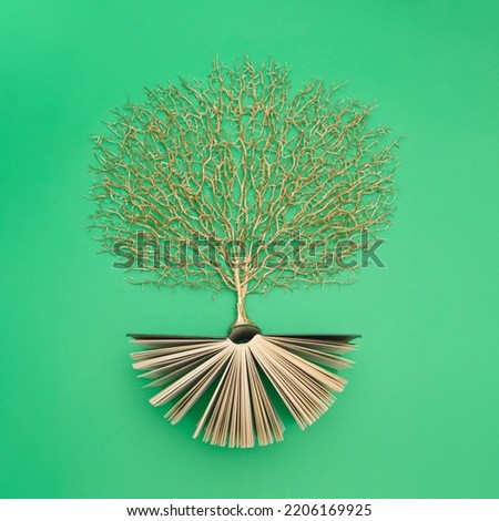 Golden tree growing from the old book, Education and knowledge concept. For book lovers. Flat lay. Royalty-Free Stock Photo #2206169925