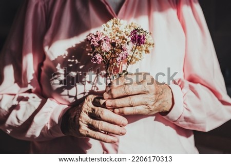 Elderly woman hands hold withered dry old rose flowers bouquet, contrast image. Old age, infirmity, withering, wrinkles concept Royalty-Free Stock Photo #2206170313