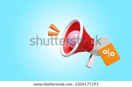 3d hand speaker, megaphone with discount sales isolated on blue. price tags coupon, announce promotion news for social media networks, online marketing shopping concept, 3d render, clipping path 