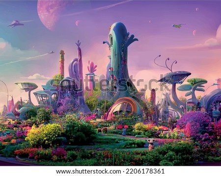 space city is a beautiful place like heaven, life in space, special illustration art design Royalty-Free Stock Photo #2206178361