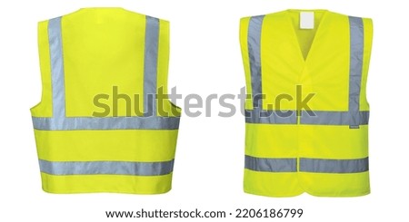 Safety Vest Jacket, Isolated Security, Traffic, And Worker Uniform Wear. Fluorescent Green Waistcoat Realistic Mockup With Reflective Stripes And Zip, Personal Protective Clothing Royalty-Free Stock Photo #2206186799