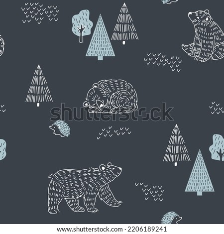 Seamless pattern with polar bear, hedgehog, forest elements and hand drawn shapes. Childish texture. Great for fabric, textile Vector Illustration