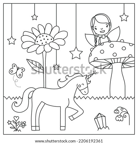 Enchanted garden with fairy and unicorn vector illustration