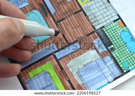 Home designer. Furniture elements. Floor plan in top view. Detailed floor plan with interior design. Floorplan top.