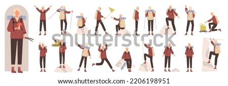 Woman tourist character in different poses set vector illustration. Cartoon female camper with backpack climbing, girl hiking and standing with flag in front, side and back view isolated on white Royalty-Free Stock Photo #2206198951