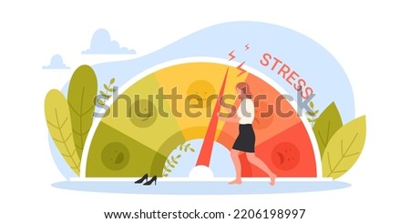 Stress level, mood and emotions scale vector illustration. Cartoon tiny businesswoman pushing with effort arrow on dashboard dial of gauge to reduce pressure and manage tension, depression reduction Royalty-Free Stock Photo #2206198997