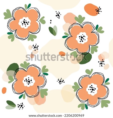 Seamless pattern hand drawn orange flowers, pastel shapes and black tangles of lines on a white background. Abstract botanical print for wallpaper, textiles, paper.
