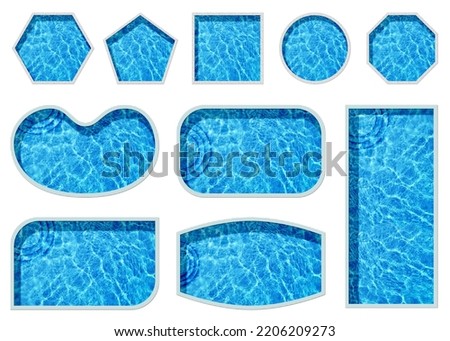 Set with swimming pools of different shapes on white background, top view