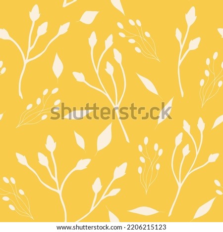 Beige branches and leaves on yellow background seamless pattern. Minimalistic elegant floral pattern