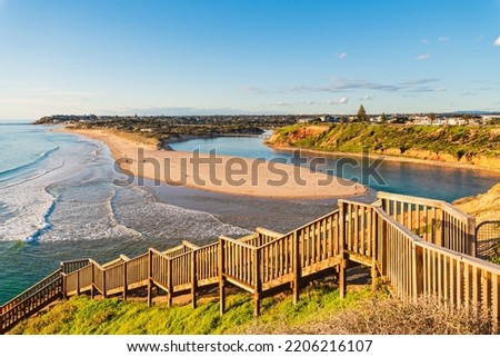 South Port beach stairs viewed towards Onkaparinga River, South Australia Royalty-Free Stock Photo #2206216107