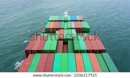 container ship to import export marine goods to dealers and consumers across the pacific and around the world, businesses and industries Ocean freight forwarding, aerial top view