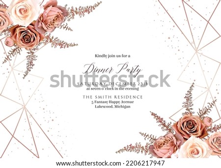 Caramel brown rose, orange burnt astilbe, beige fern autumn vector design frame. Golden glitter triangle geometric background.Stylish wedding save the date template. Elements are isolated and editable Royalty-Free Stock Photo #2206217947