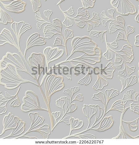 3d embossed lines floral seamless pattern. Textured beautiful flowers relief background. Repeat emboss white backdrop. Surface doodle lines gold leaves, flowers. 3d line art golden flowers ornament. Royalty-Free Stock Photo #2206220767