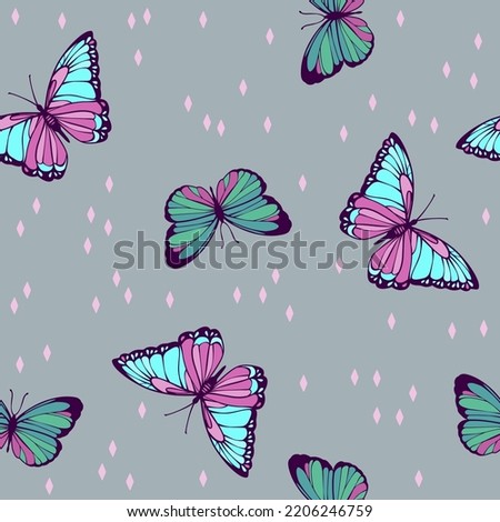 seamless pattern with turquoise butterflies on a shimmering gray background
