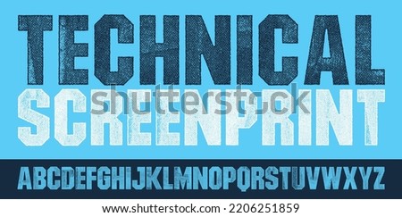 Technical, Geometric Bold Font with a screen print texture. Detailed individually textured characters with an eroded screen print texture. Unique design font