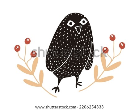 Cute owl silhouette with tree branches hand drawn in linocut style, textured vector illustration , isolated on white
