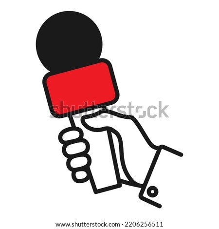Hand holding microphone line icon. Microphone for news, broadcasting live news, vector illustration