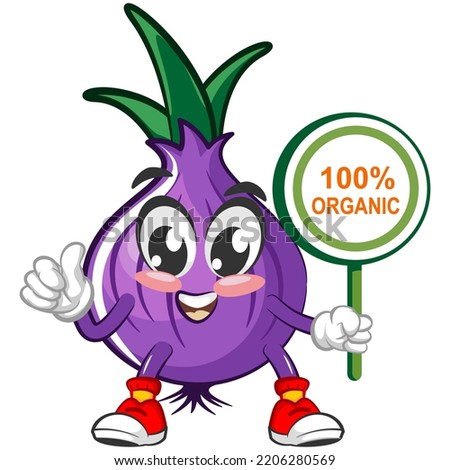 vector illustration of cartoon character from onions with a sign that says 100% organic
