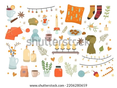 Cute cozy autumn. Season elements collection. Home candles. Plaid and plants in Scandinavian winter style. Hygge house. Warm knitted hat or scarf. Mulled wine. Vector cartoon illustration Royalty-Free Stock Photo #2206280659