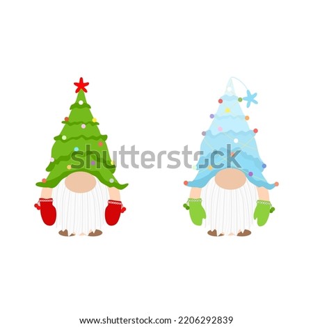 Vector - Cute Gnome wearing Christmas tree. Clip art. Can be use for sticker, print, paper, card. X'mas, Happy New Year, Holiday concept.