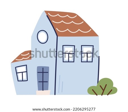 Small Blue Brick House with Green Bush in the Yard Vector Illustration