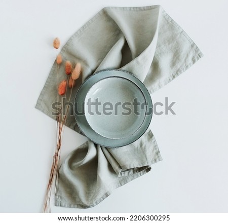 Plate mockup,linen napkin, dry grass  top view empty modern minimal table place setting neutral green colors .  Space for text or menu .Business food brand template. Scandinavian style tableware. Royalty-Free Stock Photo #2206300295