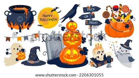 Halloween set of illustrated vector elements. Pumpkin, witch's cauldron, candy, raven, ghosts, pointer.