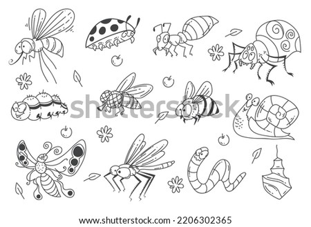 Doodle insect bug design element abstract line art set
