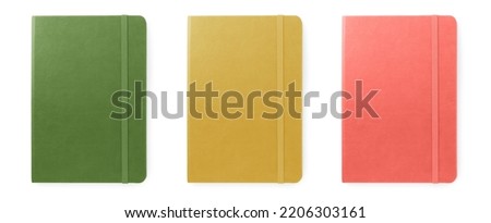 Set with multicolor notebooks on white background, top view. Banner design Royalty-Free Stock Photo #2206303161