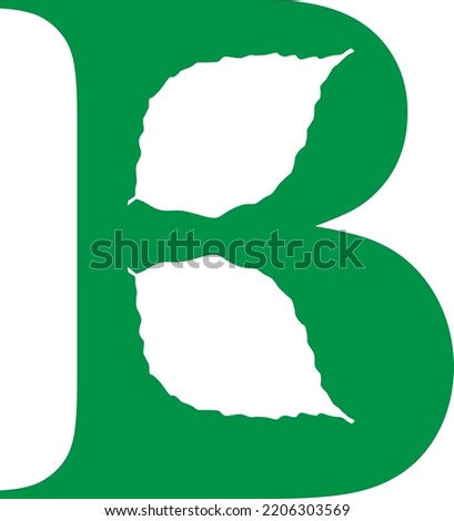 B letter eco logo with curled corner and green leaves. Negative space style icon. Colorful gradient note paper. Vector origami font for agriculture art, waste recycling design, healthy food packaging.