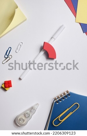 office supply and stationery with wood items on white background. office, back to school and education concept. Top view. Flat lay.