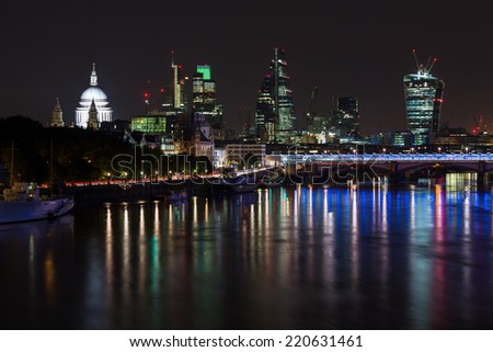 London skyline by night, St Paul's and City of London area. 