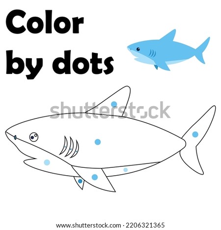 Sea animal. Color by dots. Preschool kids drawing worksheet. Marine shark. Ocean fish painting. Developing task. Children study tutorial. Nursery game. Vector educational coloring page