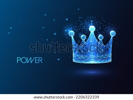 Futuristic Crown symbol in glowing low polygonal style on dark blue background.