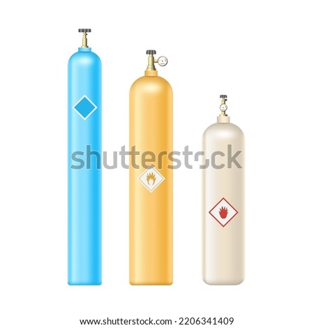 Gas cylinders dangerous containers set realistic. Fuel pressure balloons storage industrial flammable equipment compressed propane methane with manometer. Vector illustration