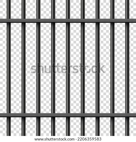 Black realistic metal prison bars. Detailed jail cage, prison iron fence. Criminal background mockup. Creative vector illustration. Royalty-Free Stock Photo #2206359583