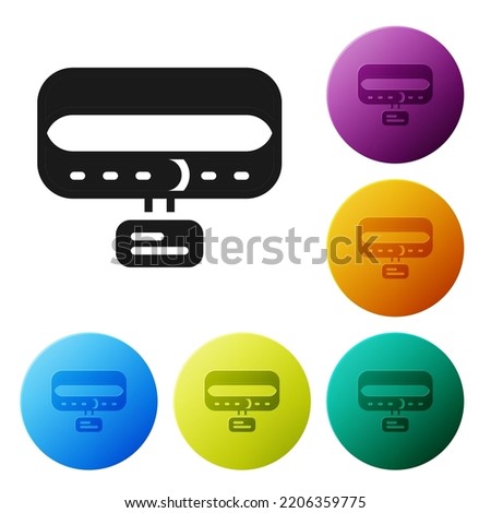 Black Collar with name tag icon isolated on white background. Simple supplies for domestic animal. Cat and dog care. Pet chains. Set icons in color circle buttons. Vector